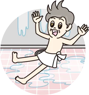 濡れた浴室の床で滑って転びそうな子どものイラスト