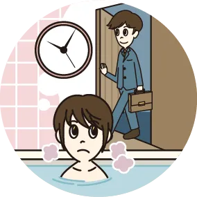 入浴時間がバラバラな家族のイラスト