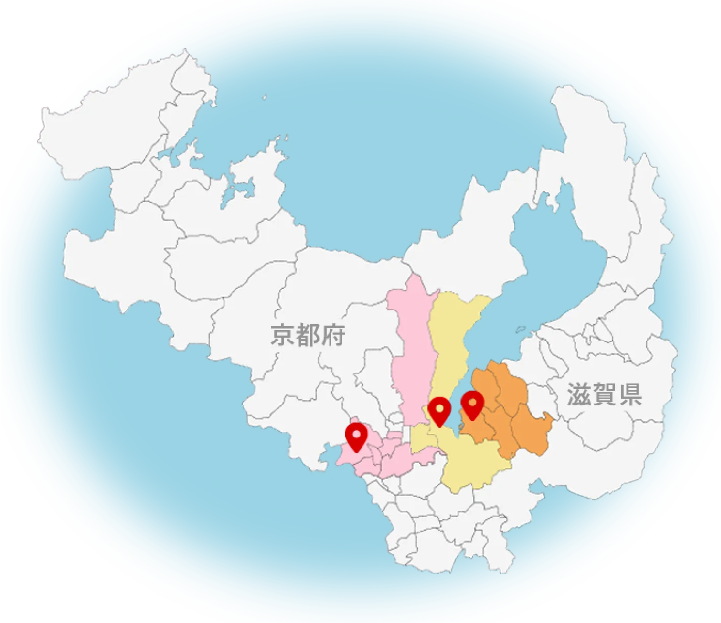 施工・配送エリアを示した滋賀県・京都府の地図