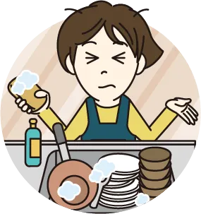 山積みの食器を前にうんざりする女性のイラスト