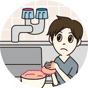 汚れた手で水栓のレバーを触るのをためらう女性のイラスト