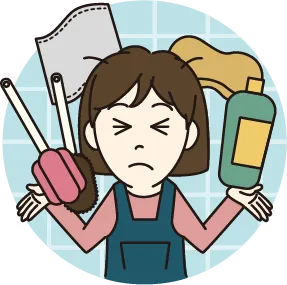 掃除道具を抱えて困った表情の女性のイラスト