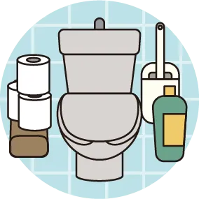掃除道具が床に置かれたトイレのイラスト